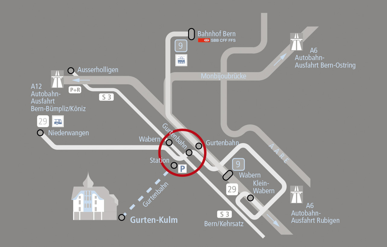 A diagram with an overview of how best to get to the Gurten. By public transportation or car, the Gurten is ideally located. 