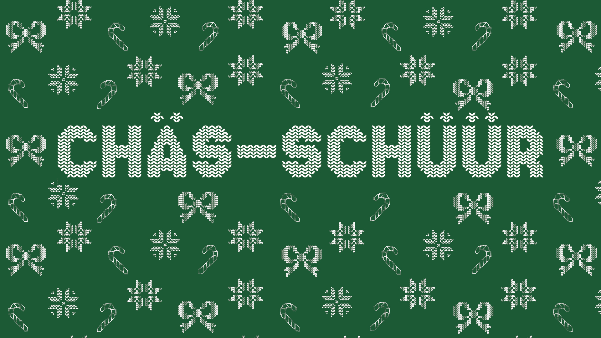 gestrickte weisse Weihnachtsmuster auf grünem Hintergrund im Chäs-Schüür Stil mit der Schrift Chäs-Schüür. 
