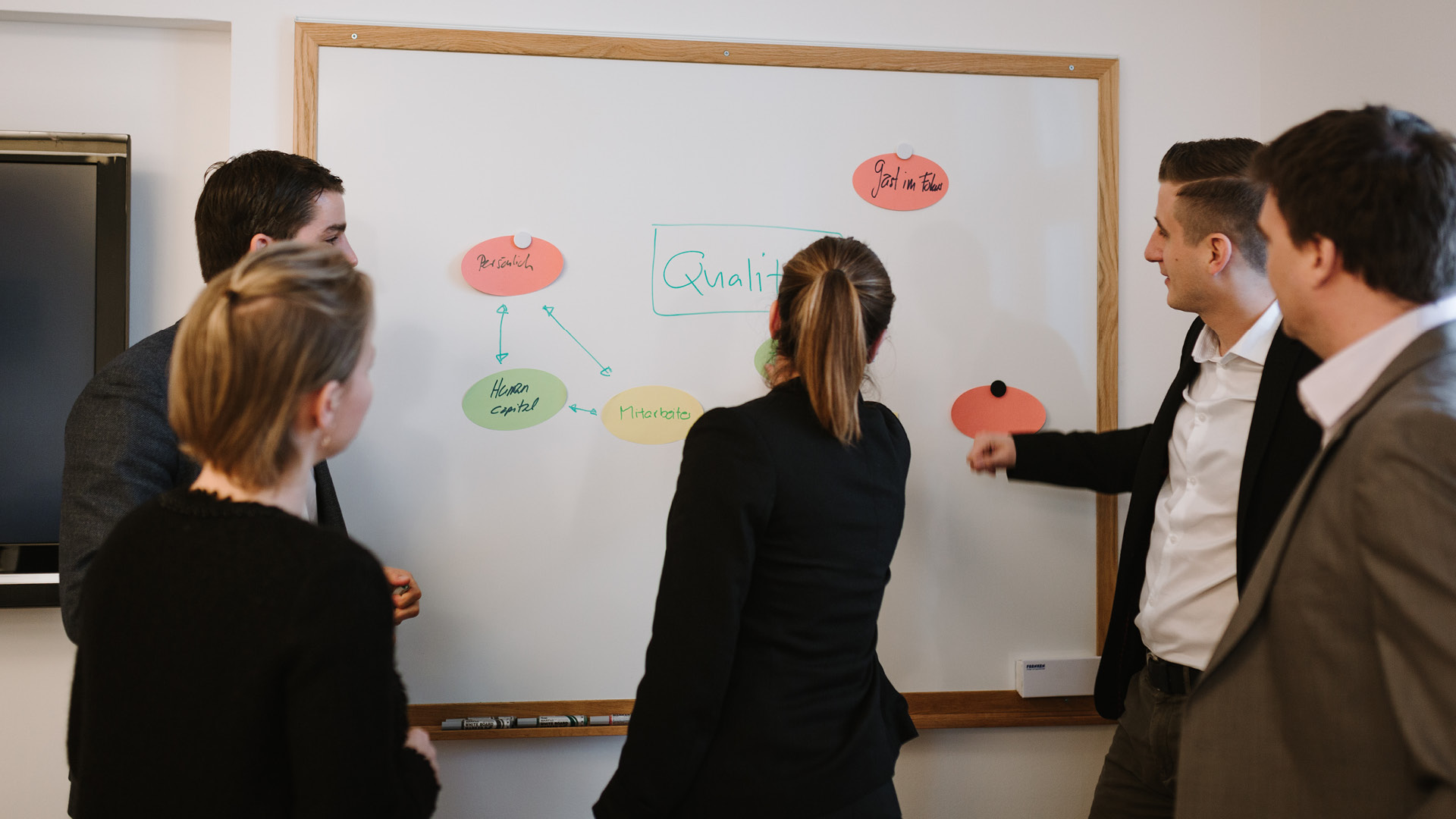 Gruppe beim Brainstorming am Whiteboard im Seminarraum
