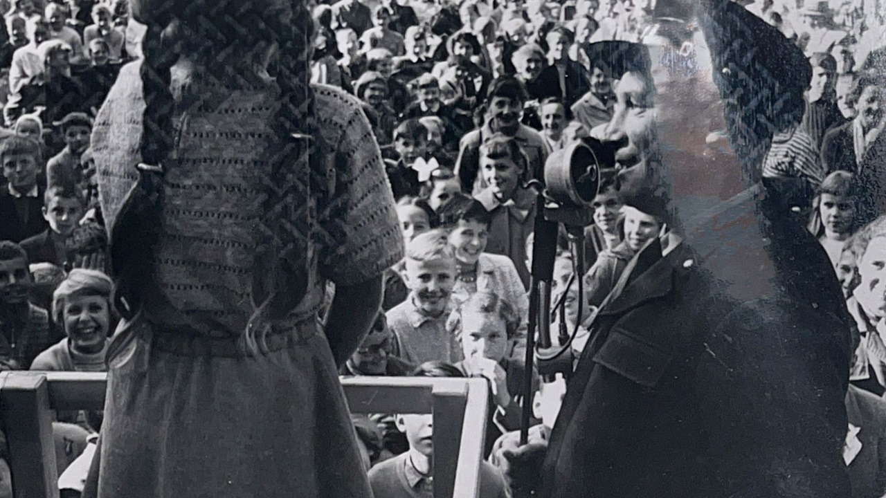  A woman makes a speech about the railroad