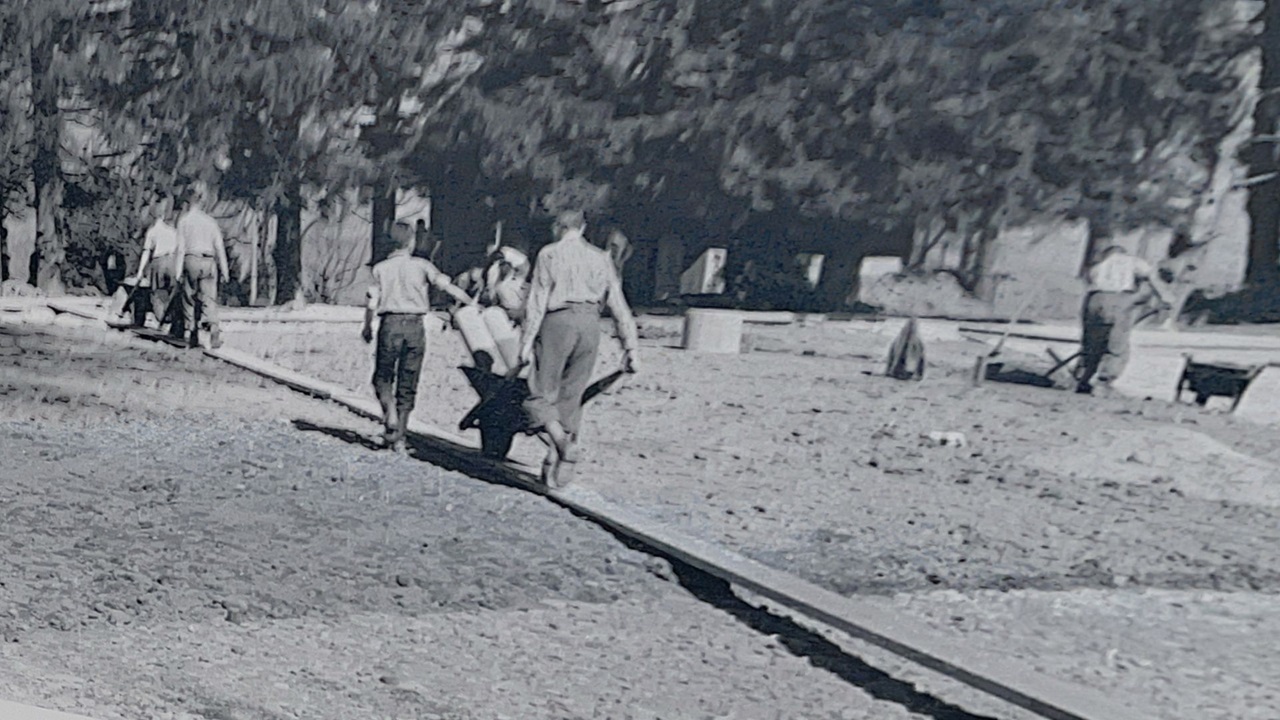 The boys laying the railroad.