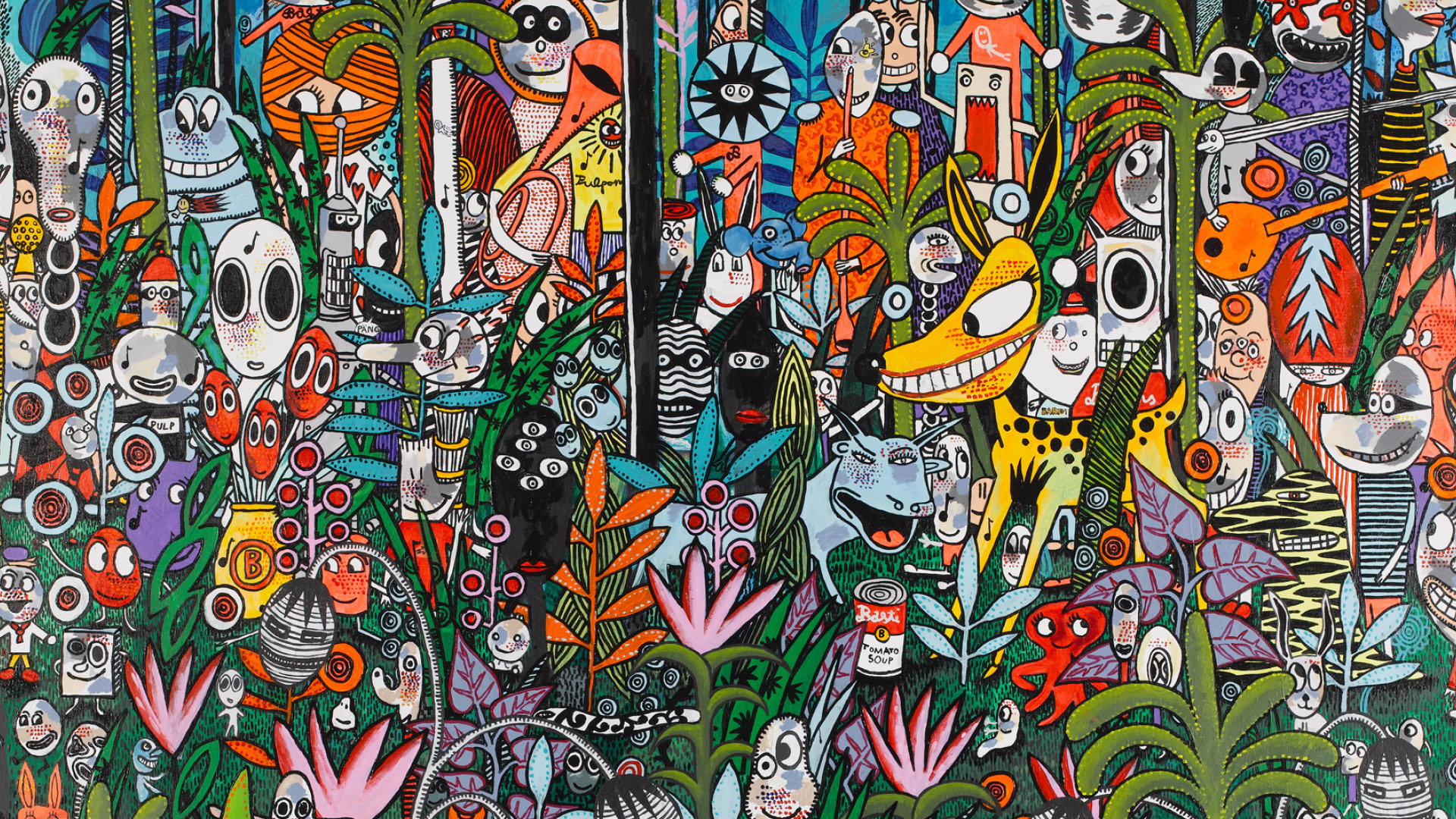 Un tableau coloré orne le mur. On peut voir de nombreuses illustrations de BD dans la forêt. 