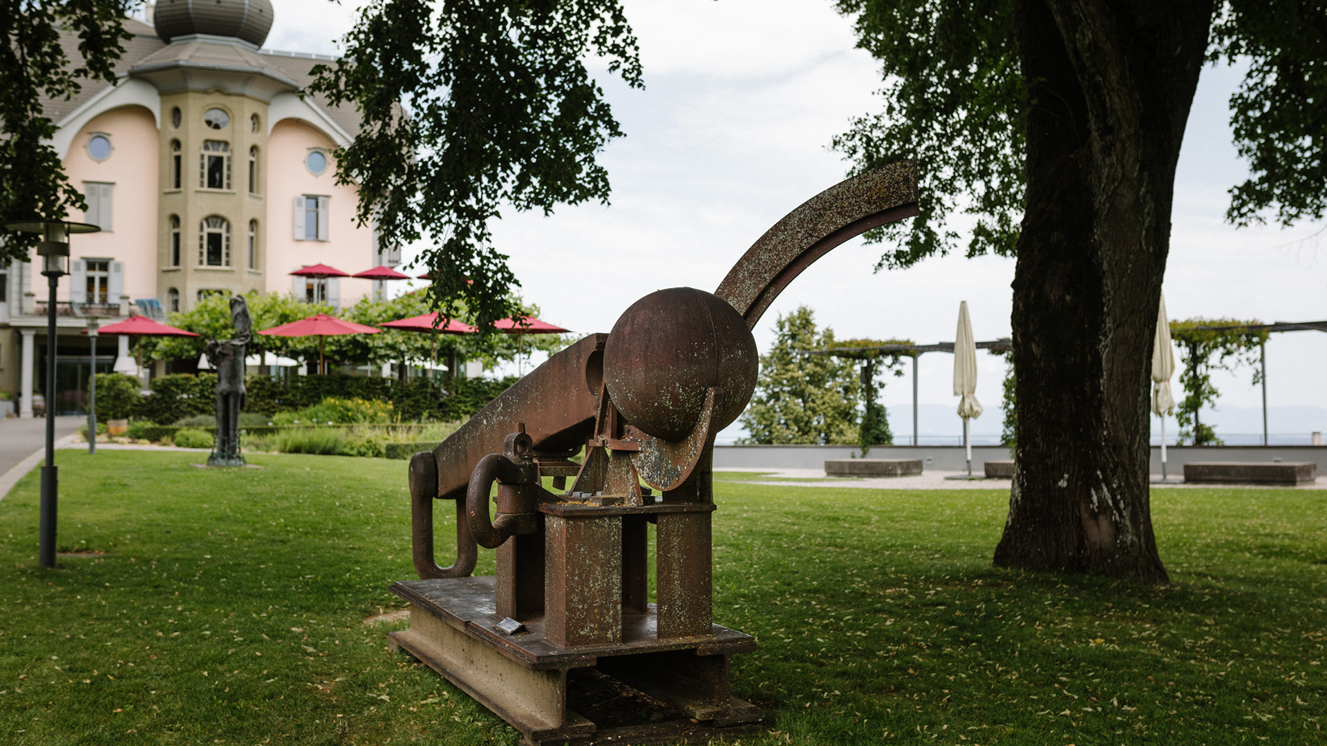 Local art by Bernhard Luginbühl stands on the Gurten meadow.