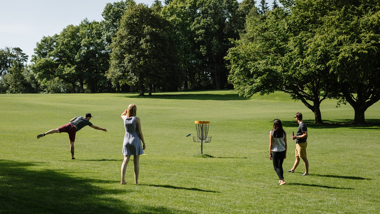Eine Gruppe spielen zusammen Discgolf im grünen Park. Eine Person wirft gerade das Frisbee.