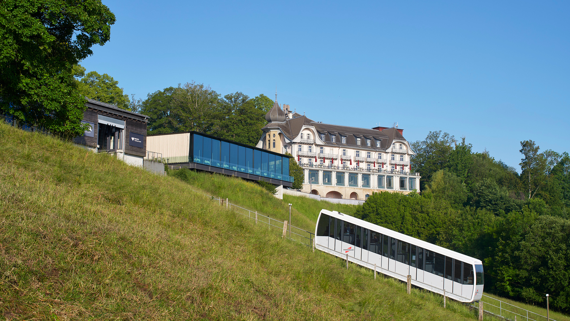 The Gurten funicular arriving at the top station. 