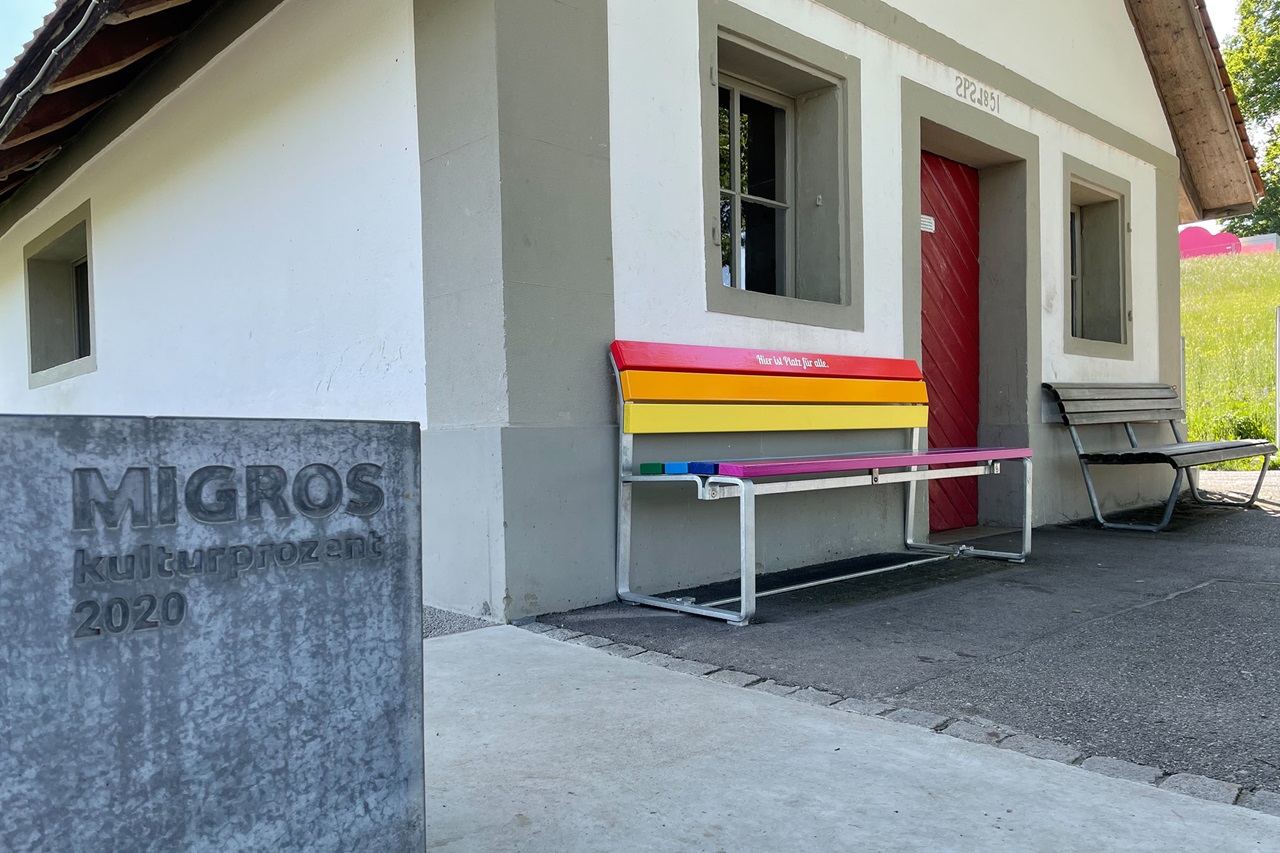 Migros Culture Percentage Logo and the Rainbow Bench