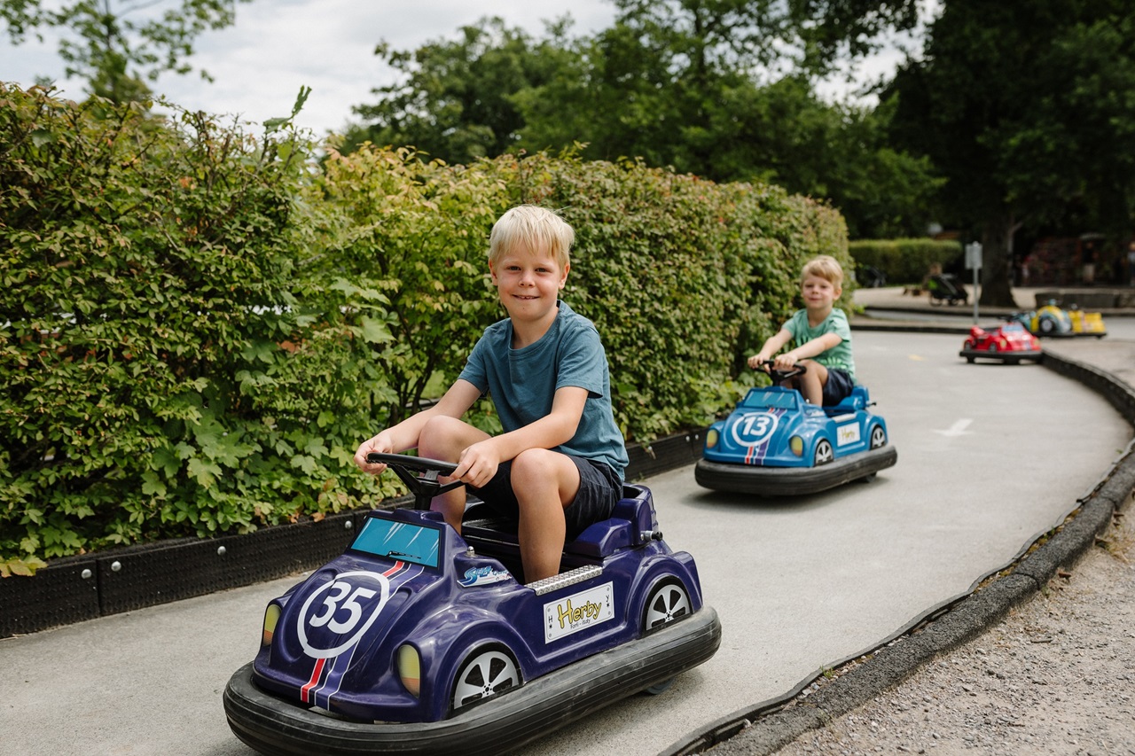 Deux garçons font un tour de piste en petites voitures