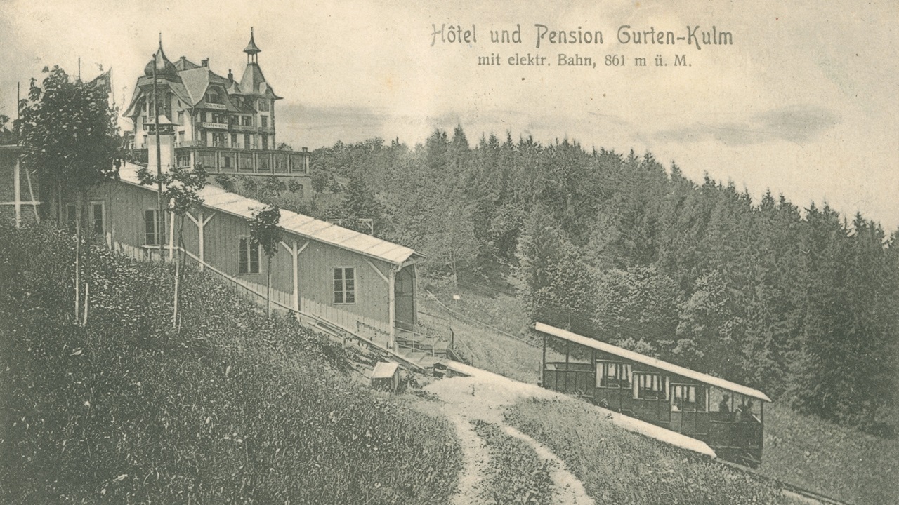 Alte Postkarte mit der Gurtenbahn um dem Kurhotel Gurten Kulm