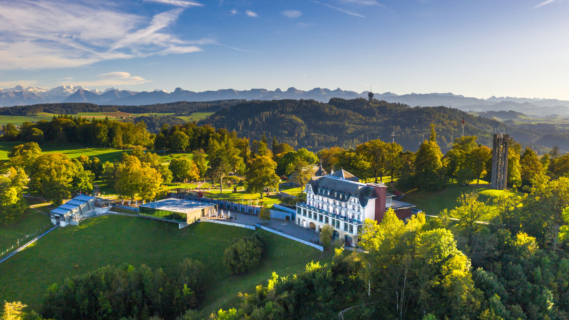 The Gurten – Park im Grünen and the Alps seen from a drone