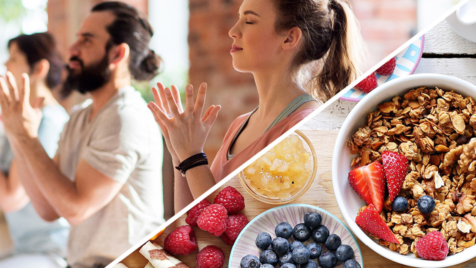 Two people doing yoga. They have adopted a sitting yoga position. On the opposite side there is crispy muesli with fresh berries, illustrating the brunch. 