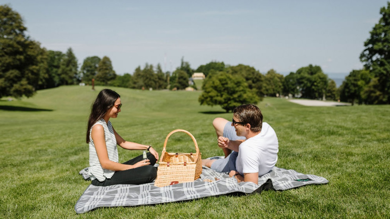 Ein Paar picknickt auf dem der Wiese.