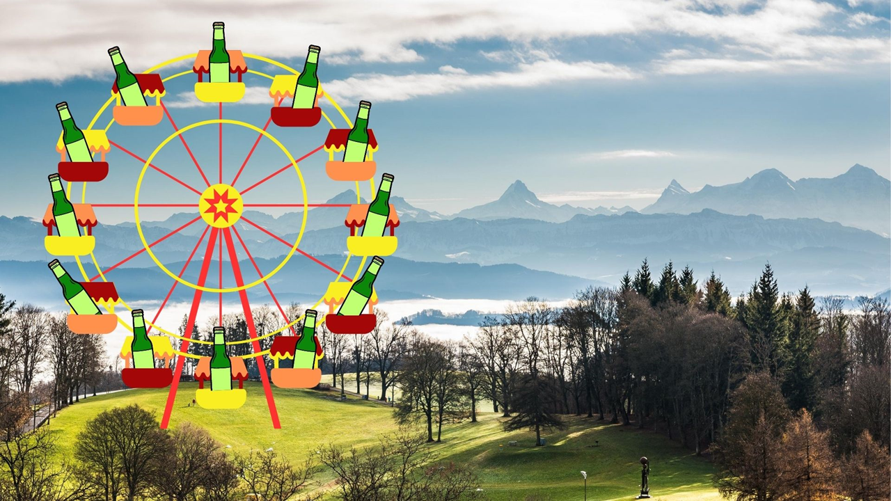 Beer bottles riding Ferris wheel (illustration)
