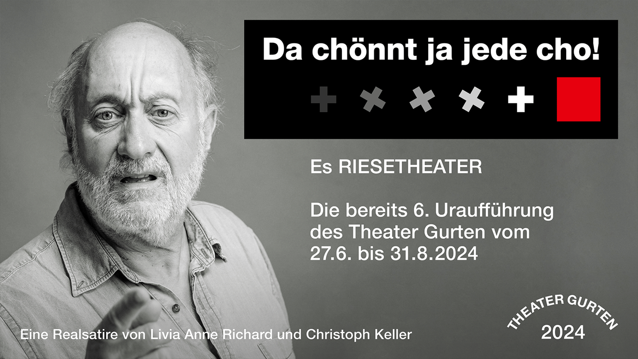 Das Headerbild von Theater Gurten mit einem älteren Mann mit kritischem Gesicht. 