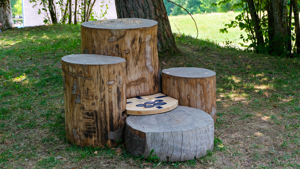 Trois troncs d'arbre avec un panneau indiquant le sentier découverte « Natur. Und du? »