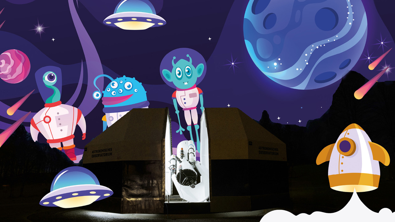 L'observatoire du Gurten avec des extraterrestres animés et un univers animé.