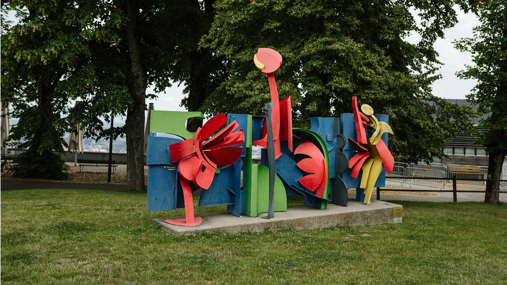 Colourful art in the park in front of the Gurtenbahn station
