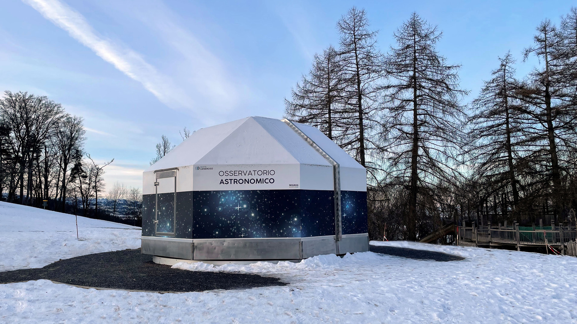 The Gurten Observatory in winter with snow.