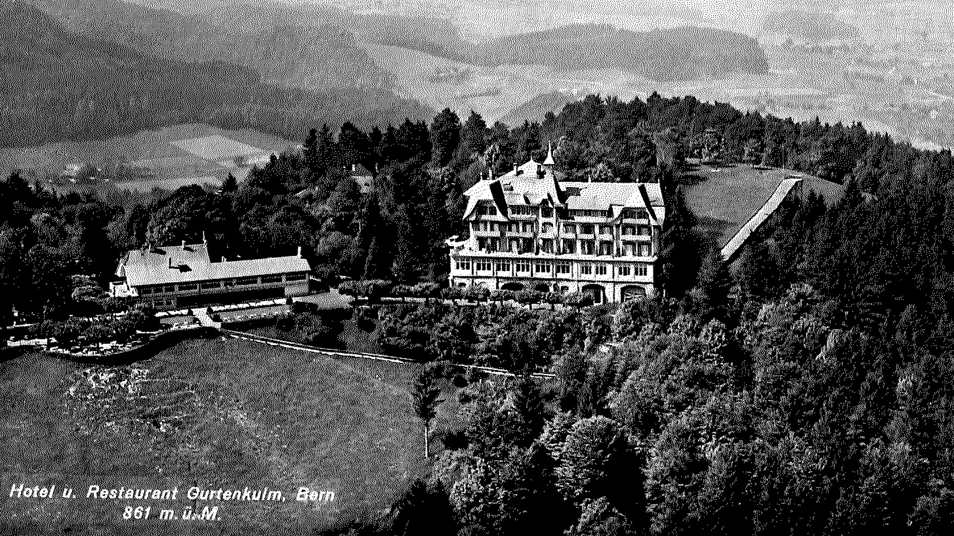 Old black-and-white photo of the Kulm building from a bird's eye view