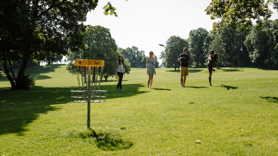 Un groupe joue au disc golf sur le Gurten
