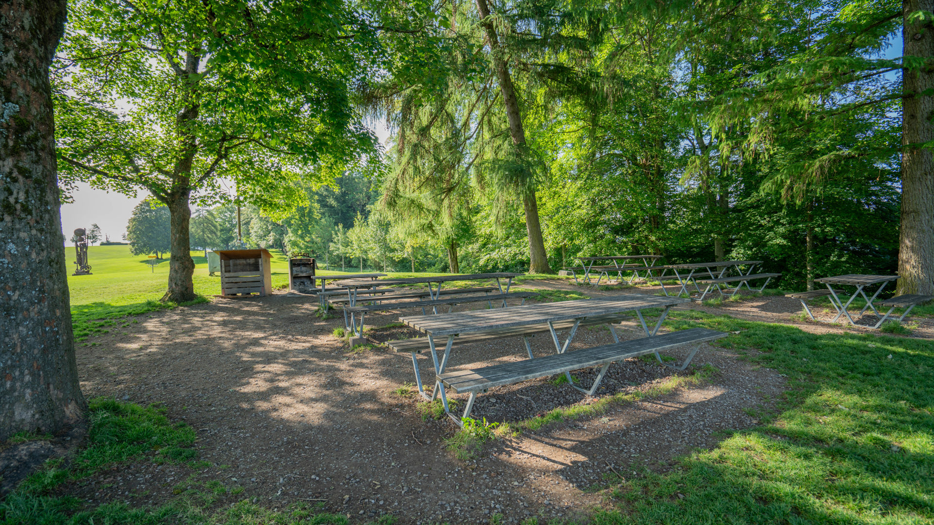 Grillstelle und mehrere Bänke zum Picknicken.