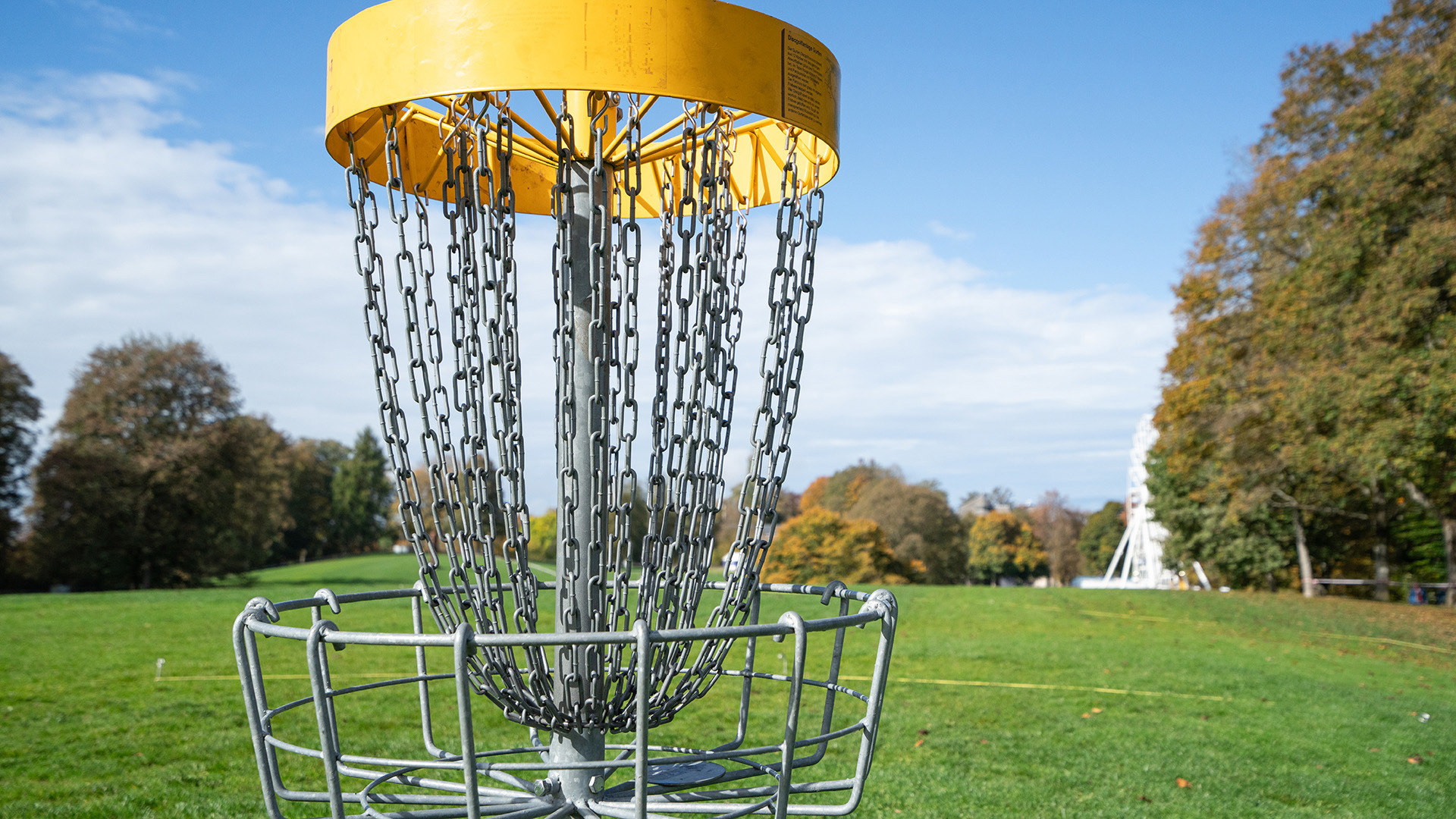 Disc golf basket on green meadow in Gurten