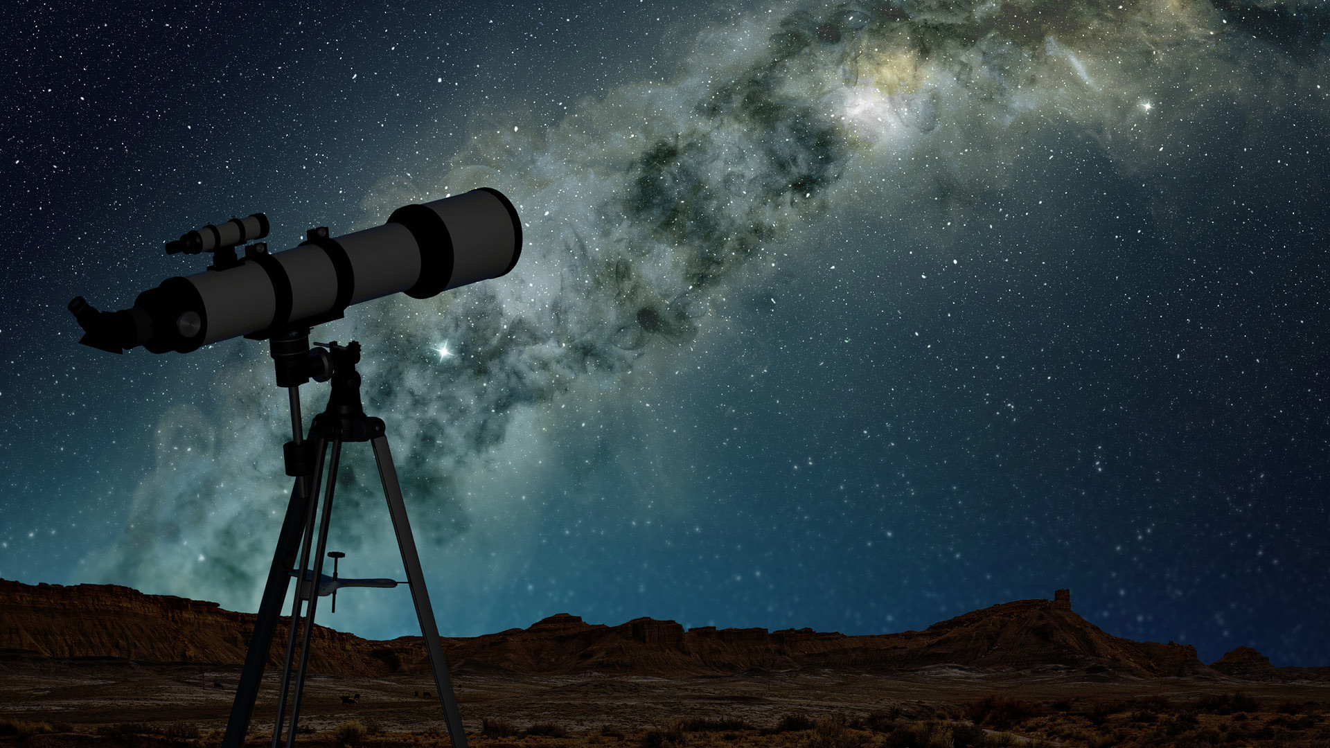 The night sky with a view of the Milky Way with a telescope in the picture.