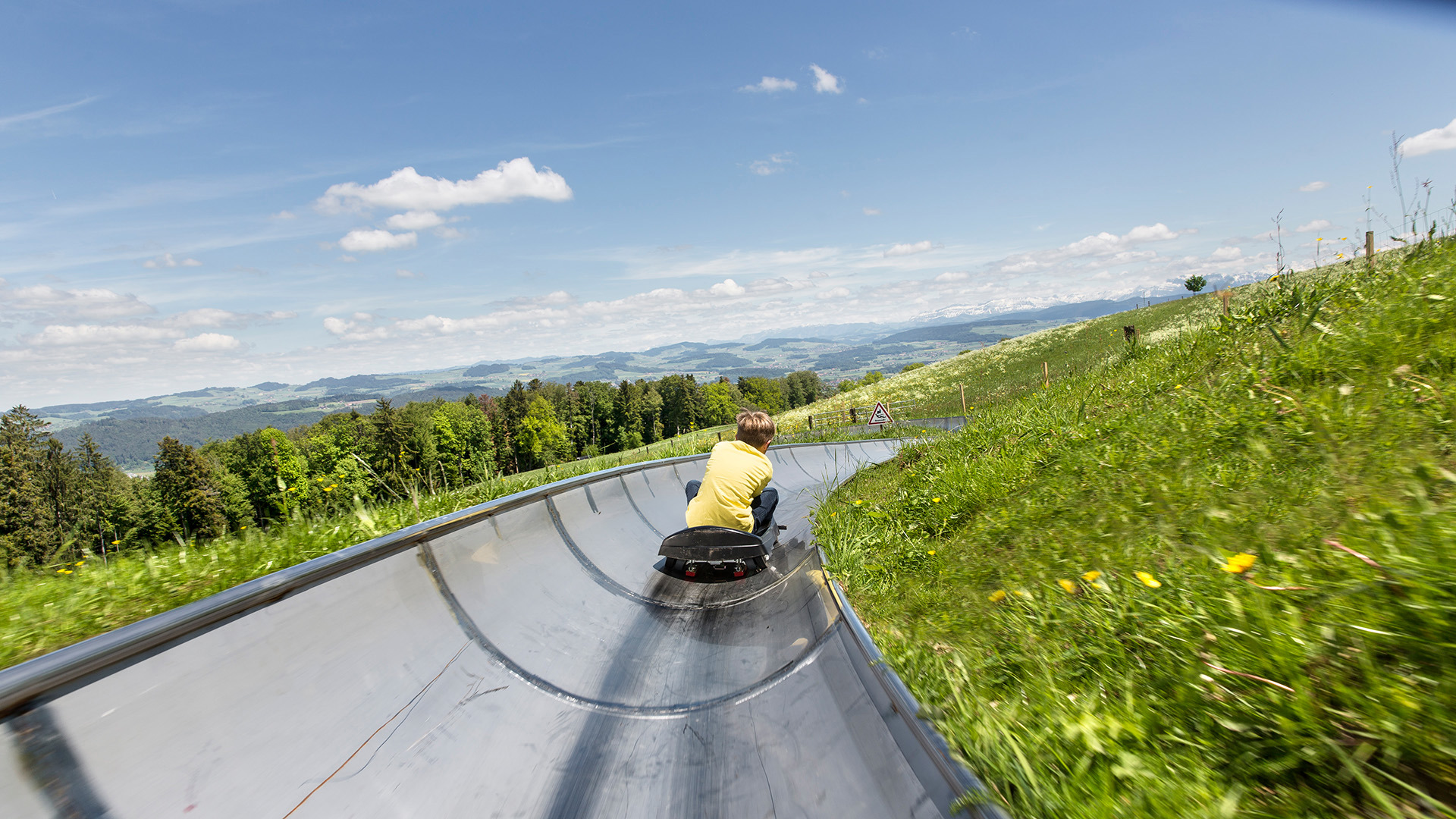 Person on toboggan run wearing yellow T-shirt