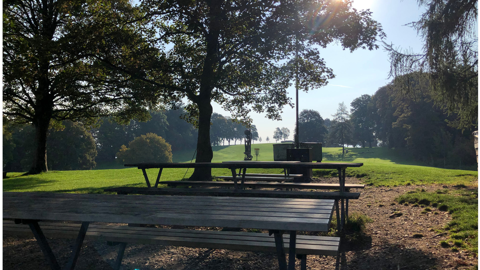 Picnic tables with a fire pit behind them.