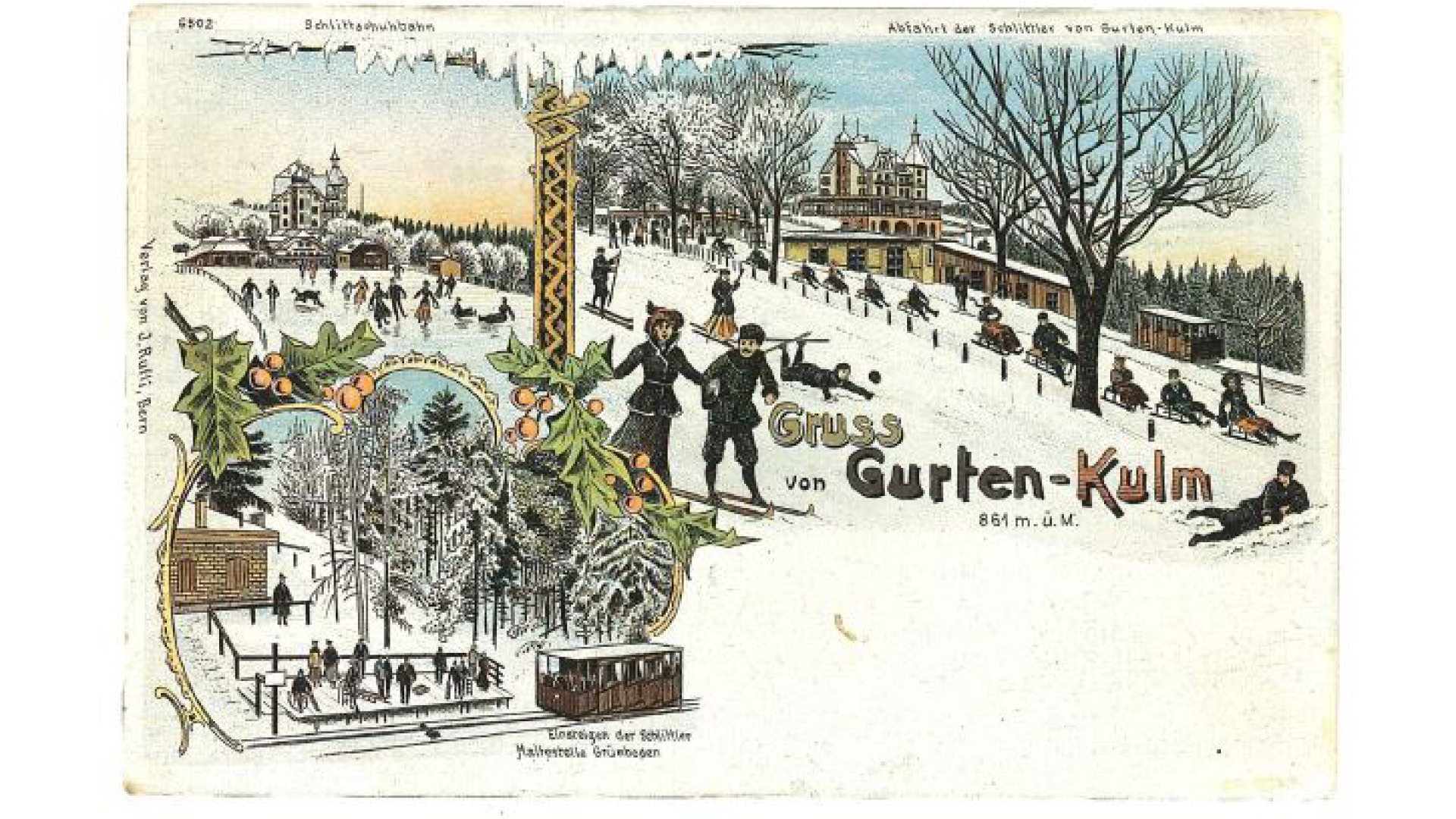 Old postcard of snow-covered Gurtens with skiers